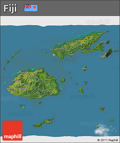Satellite 3D Map of Fiji, darken, semi-desaturated, land only