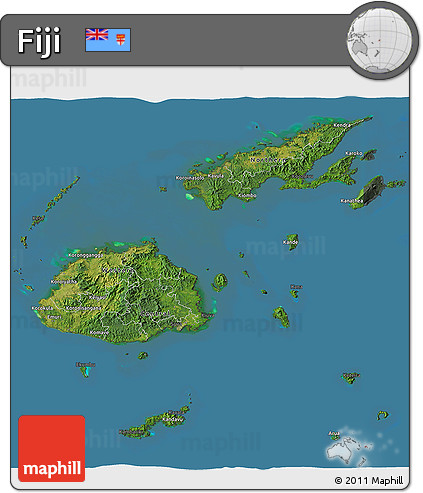 Satellite 3D Map of Fiji, darken, semi-desaturated, land only