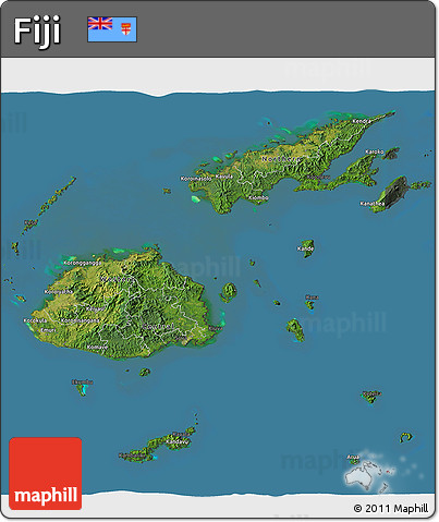 Satellite 3D Map of Fiji, darken, semi-desaturated, land only