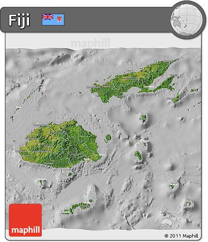 Satellite 3D Map of Fiji, lighten, desaturated