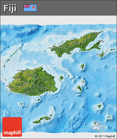 Satellite 3D Map of Fiji, single color outside, bathymetry sea, shaded relief sea