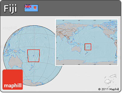 Gray Location Map of Fiji, within the entire continent, hill shading