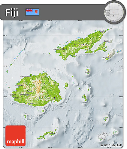 Physical Map of Fiji, lighten, semi-desaturated