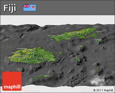 Satellite Panoramic Map of Fiji, darken, desaturated