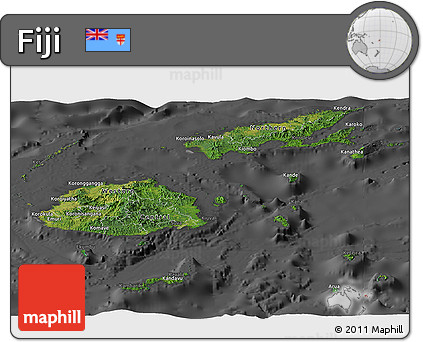 Satellite Panoramic Map of Fiji, darken, desaturated