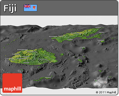 Satellite Panoramic Map of Fiji, darken, desaturated