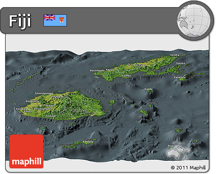 Satellite Panoramic Map of Fiji, darken, semi-desaturated
