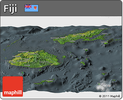 Satellite Panoramic Map of Fiji, darken, semi-desaturated