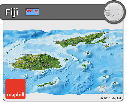 Satellite Panoramic Map of Fiji, single color outside, bathymetry sea, shaded relief sea