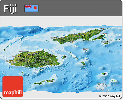 Satellite Panoramic Map of Fiji, single color outside, bathymetry sea, shaded relief sea