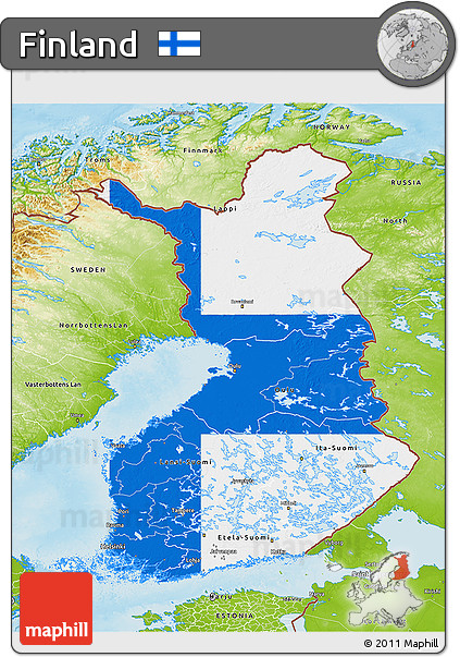 Flag 3D Map of Finland, physical outside, flag centered