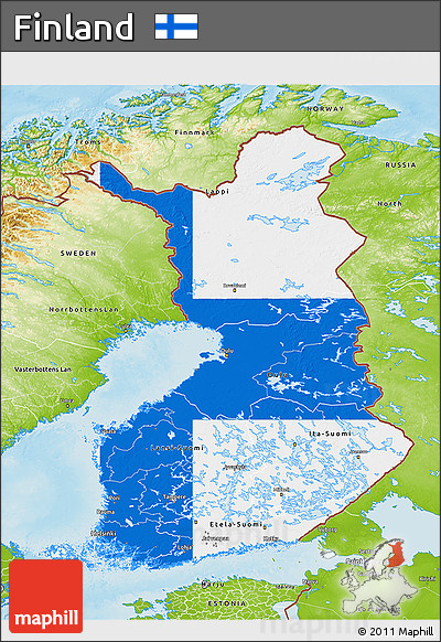 Flag 3D Map of Finland, physical outside, flag centered
