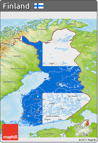 Flag 3D Map of Finland, physical outside, flag centered