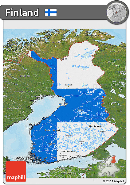 Flag 3D Map of Finland, satellite outside, bathymetry sea, flag centered