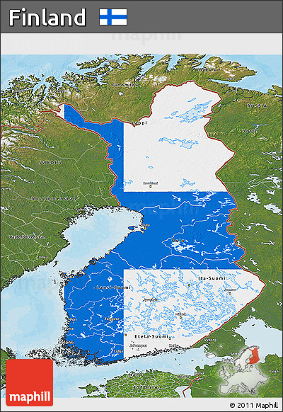 Flag 3D Map of Finland, satellite outside, bathymetry sea, flag centered