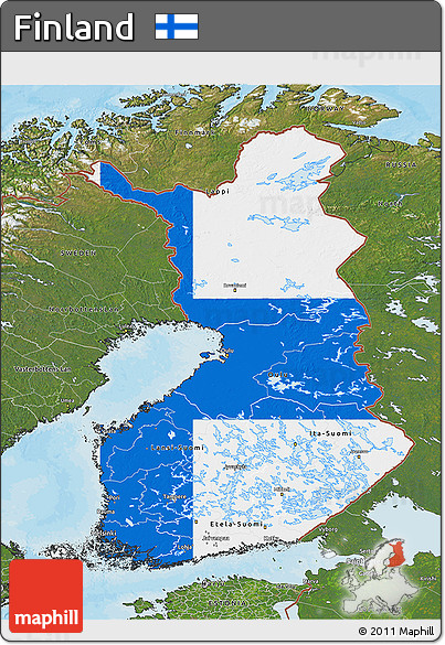Flag 3D Map of Finland, satellite outside, bathymetry sea, flag centered