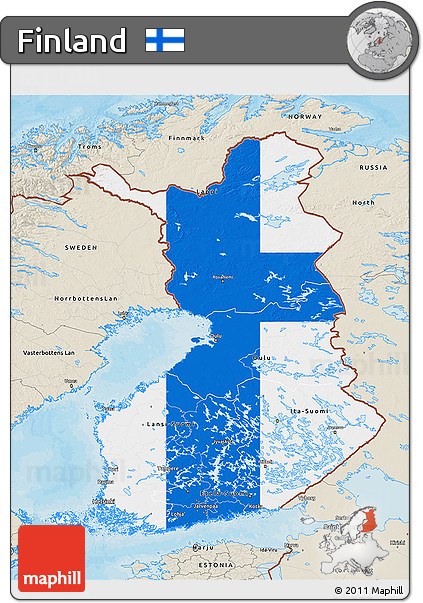 Flag 3D Map of Finland, shaded relief outside, bathymetry sea, flag rotated