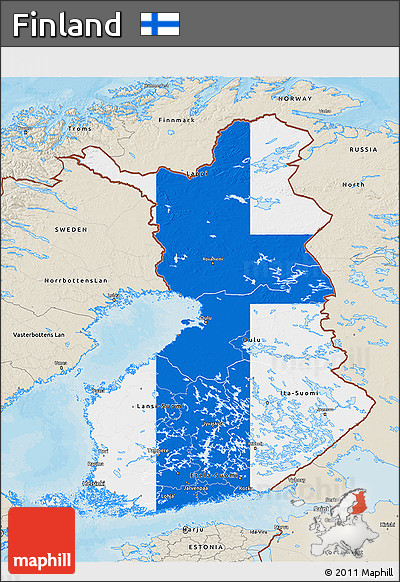 Flag 3D Map of Finland, shaded relief outside, bathymetry sea, flag rotated