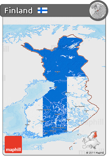 Flag 3D Map of Finland, single color outside, bathymetry sea, shaded relief sea, flag aligned to the middle