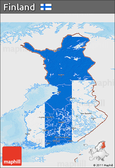 Flag 3D Map of Finland, single color outside, bathymetry sea, shaded relief sea, flag aligned to the middle