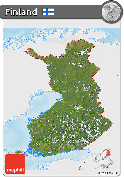 Satellite 3D Map of Finland, single color outside, shaded relief sea