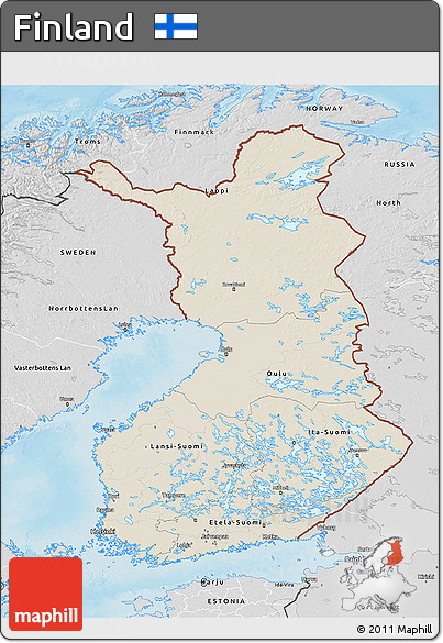 Shaded Relief 3D Map of Finland, desaturated, land only