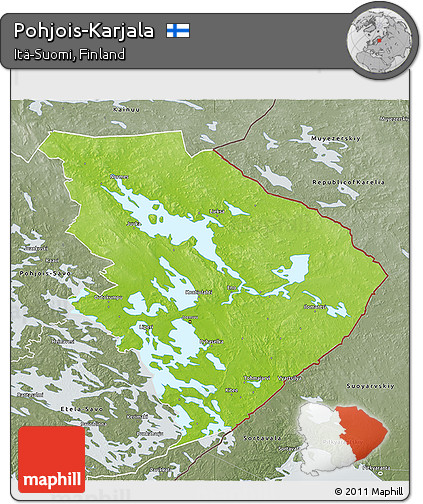 Physical 3D Map of Pohjois-Karjala, semi-desaturated