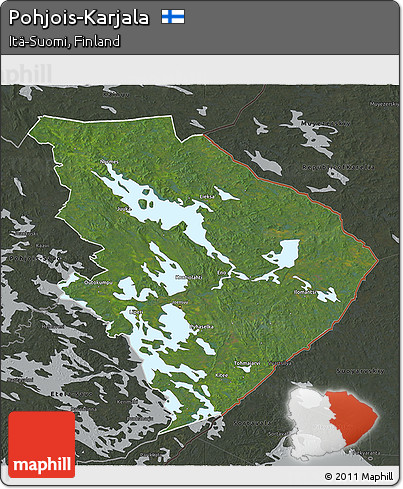 Satellite 3D Map of Pohjois-Karjala, darken, semi-desaturated