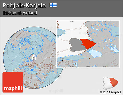 Gray Location Map of Pohjois-Karjala, highlighted country, highlighted parent region, hill shading