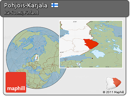 Savanna Style Location Map of Pohjois-Karjala, highlighted country, hill shading