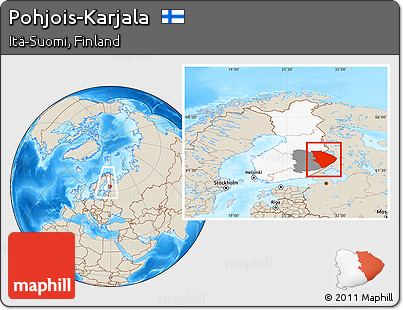 Shaded Relief Location Map of Pohjois-Karjala, highlighted country, highlighted parent region, within the entire country