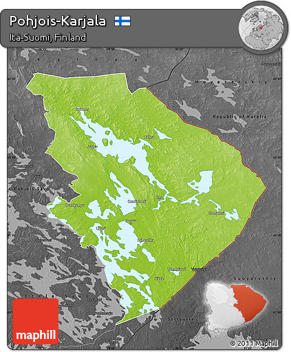 Physical Map of Pohjois-Karjala, darken, desaturated