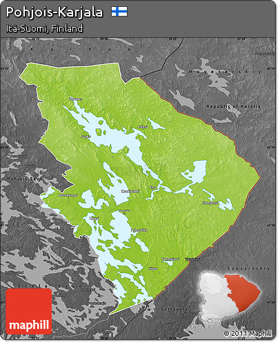 Physical Map of Pohjois-Karjala, darken, desaturated