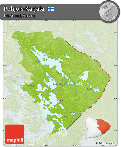 Physical Map of Pohjois-Karjala, lighten