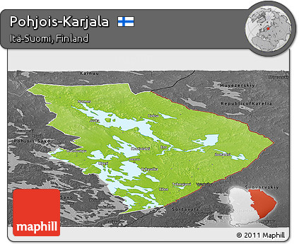 Physical Panoramic Map of Pohjois-Karjala, darken, desaturated