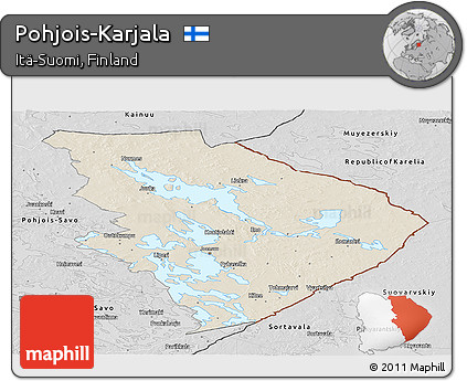 Shaded Relief Panoramic Map of Pohjois-Karjala, desaturated