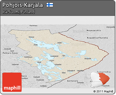 Shaded Relief Panoramic Map of Pohjois-Karjala, desaturated