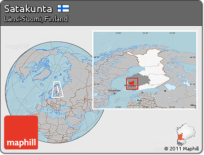 Gray Location Map of Satakunta, highlighted country, highlighted parent region, within the entire country, hill shading