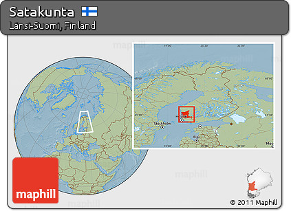 Savanna Style Location Map of Satakunta, within the entire country, hill shading
