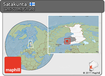 Savanna Style Location Map of Satakunta, highlighted country, highlighted parent region, within the entire country, hill shading