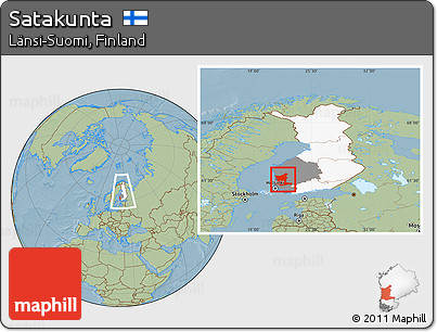 Savanna Style Location Map of Satakunta, highlighted country, highlighted parent region, within the entire country, hill shading