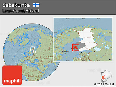 Savanna Style Location Map of Satakunta, highlighted country, highlighted parent region, within the entire country, hill shading