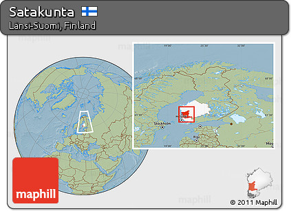 Savanna Style Location Map of Satakunta, highlighted parent region, within the entire country, hill shading