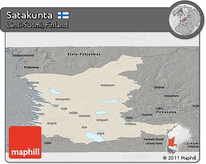 Shaded Relief Panoramic Map of Satakunta, darken, semi-desaturated