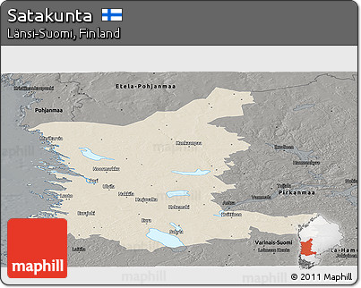 Shaded Relief Panoramic Map of Satakunta, darken, semi-desaturated