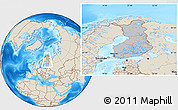 Gray Location Map of Finland, shaded relief outside, hill shading