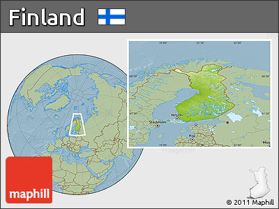 Physical Location Map of Finland, savanna style outside, hill shading