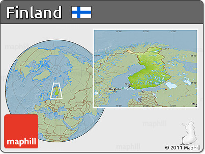 Physical Location Map of Finland, savanna style outside, hill shading