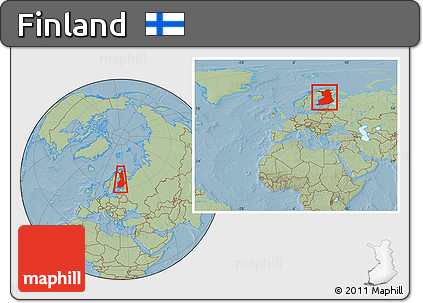 Savanna Style Location Map of Finland, within the entire continent, hill shading