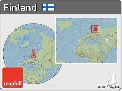Savanna Style Location Map of Finland, within the entire continent, hill shading
